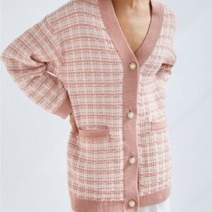 Aritzia Lacer Cardigan: Pink Tweed Button-Front V-Neck Women's Cardigan